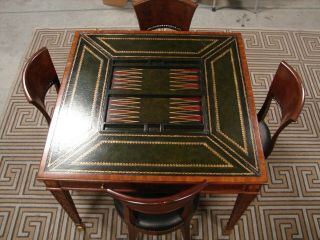 Maitland Smith marquetry inlaid game table,  Mantovani Raffaello & Franco Chairs 3