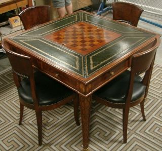Maitland Smith marquetry inlaid game table,  Mantovani Raffaello & Franco Chairs 7
