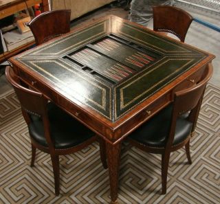Maitland Smith marquetry inlaid game table,  Mantovani Raffaello & Franco Chairs 8