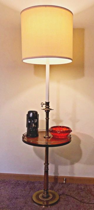 Stiffel Mid Century Modern Vintage Brass & Wood Floor Lamp W/ Round Table Mcm