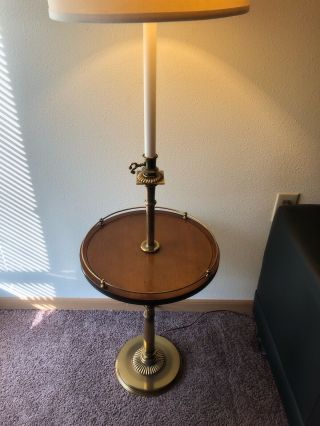 Stiffel Mid Century Modern Vintage Brass & Wood Floor Lamp w/ Round Table MCM 2