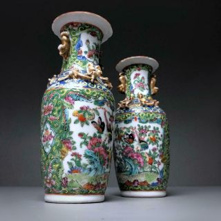 PAIR antique OLIVE GREEN GROUND FAMILLE ROSE VASE 19thC Chinese Canton Porcelain 12