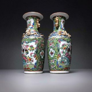 Pair Antique Olive Green Ground Famille Rose Vase 19thc Chinese Canton Porcelain