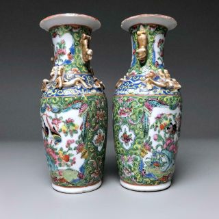 PAIR antique OLIVE GREEN GROUND FAMILLE ROSE VASE 19thC Chinese Canton Porcelain 2