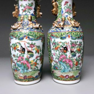 PAIR antique OLIVE GREEN GROUND FAMILLE ROSE VASE 19thC Chinese Canton Porcelain 3