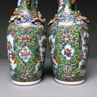 PAIR antique OLIVE GREEN GROUND FAMILLE ROSE VASE 19thC Chinese Canton Porcelain 4