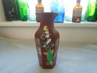 Famille Rose Yixing Clay Hexagonal Vase With Flowers And Bird & Caligraphy