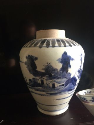 Chinese 18/19 C Blue & White Vase With Unglazed Collar And Landscape Decoration 2