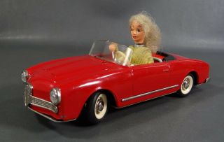 Vintage German SCHUCO 5735 TEXI Red Alfa Romeo Wind - Up Tin Toy Car Lady Driver 3