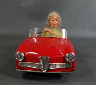 Vintage German SCHUCO 5735 TEXI Red Alfa Romeo Wind - Up Tin Toy Car Lady Driver 4