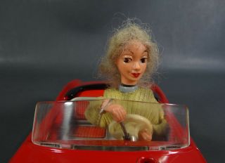 Vintage German SCHUCO 5735 TEXI Red Alfa Romeo Wind - Up Tin Toy Car Lady Driver 5