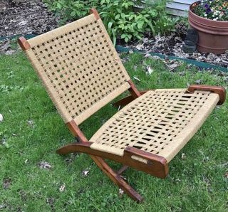 Vtg Folding Woven Rope Style Scissor Lounge Chair Mcm Low To The Floor Handmade
