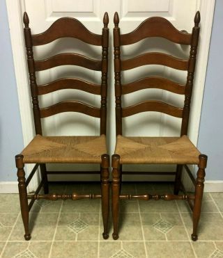 2 Antique Vintage French Country Ladder Back Rush Seat Chairs -