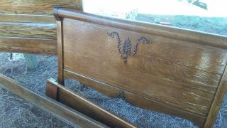 Antique Tiger Oak Double Bed with Tall Carved Headboard and Footboard 3