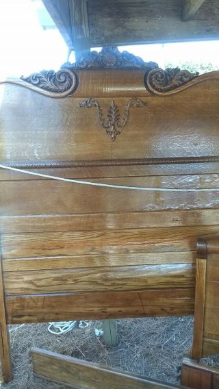 Antique Tiger Oak Double Bed with Tall Carved Headboard and Footboard 4