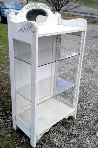 Art Nouveau Display Case Cabinet With Old White Paint And Beveled Mirror Vintage