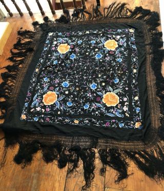 Huge Antique Chinese Canton Embroidered Silk Piano Shawl 2