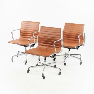 Eames Herman Miller Low Aluminum Group Executive Desk Chairs Cognac Leather 2010