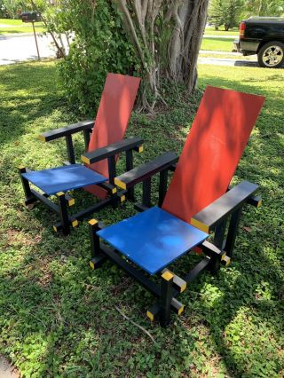 Mid Century Calder Color Red Blue Chairs Designed By Gerrit Rietveld