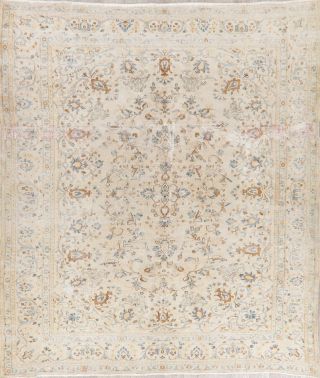 Antique All - Over Floral Muted Oriental Area Rug Worn Distressed Ivory Wool 7x10