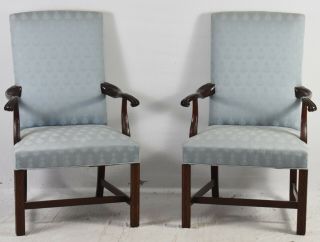 Pair Hickory Chair Co.  Mahogany Carved Chinoiserie Chippendale Style Arm Chairs