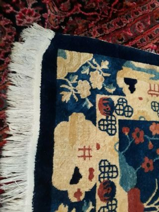 Antique Chinese Peking Rug Lustrous Wool Buddhist Motif 4x6 Blue 10