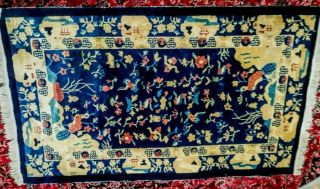 Antique Chinese Peking Rug Lustrous Wool Buddhist Motif 4x6 Blue