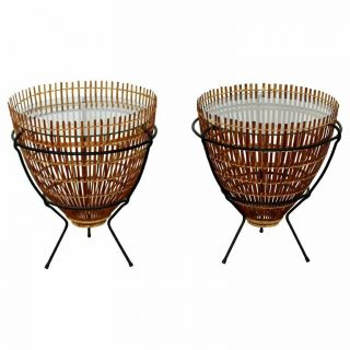 Mid Century Modern Rattan Iron Glass Side End Tables Albini Attr 1960s