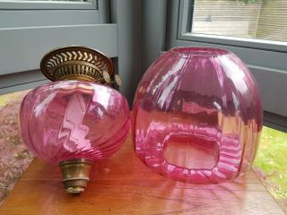 Antique Cranberry Pink Ribbed Optic Glass Oil Lamp Font Burner Shade