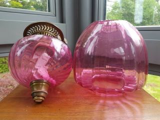 Antique Cranberry pink ribbed optic Glass Oil Lamp Font Burner Shade 2