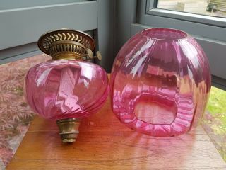 Antique Cranberry pink ribbed optic Glass Oil Lamp Font Burner Shade 3
