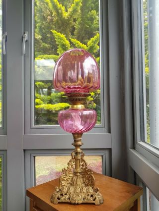 Antique Cranberry pink ribbed optic Glass Oil Lamp Font Burner Shade 4