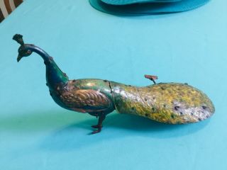 Rare Vintage Wind Up Pao - Pao Germany Walking Peacock Litho Tin Toy
