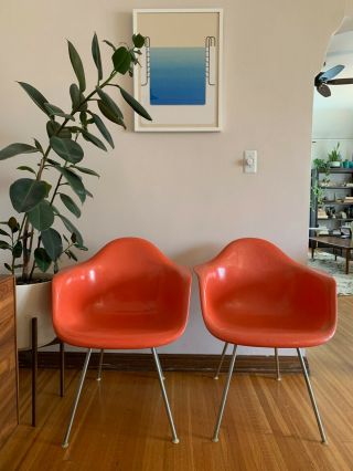 Two Eames For Herman Miller Fiberglass Shell Chairs Mid Century 1950s Red Orange