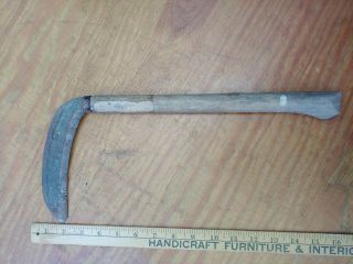 Very Old Chinese Sickle Hay Knife Farm Straw Cutter Hand Carved Handle Blade