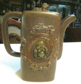 Antique 19th C.  Chinese Yixing Zisha Foo Lion Qing & Jade Buddha Inlayed Teapot
