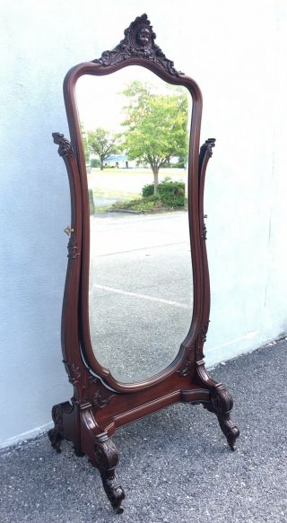 R J Horner Victorian Carved Cheval Mirror.  Mahogany Circa 1890s.