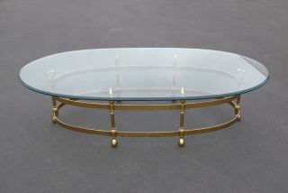 Vintage French Provincial Brass & Swan Oval Cocktail Coffee Table Beveled Glass