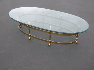 Vintage French Provincial Brass & Swan Oval Cocktail Coffee Table Beveled Glass 2