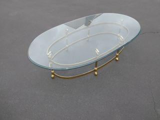 Vintage French Provincial Brass & Swan Oval Cocktail Coffee Table Beveled Glass 4