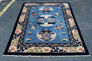 Cir 1940 ' s ANTIQUE ART DECO STORK DESIGN CHINESE RUG 4.  7x6.  7 SOFT WOOL VEGY DYE 2