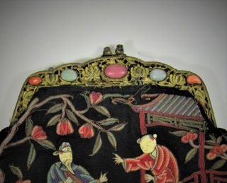 Antique Chinese Embroidered Silk Purse w Semi Precious Stones Late Qing 2