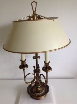 Antique Vintage French Bouillotte 3 Arm Brass Lamp Cream Tole Shade Unpolished