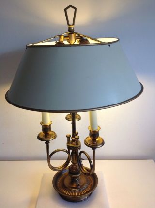 Antique Vintage French Bouillotte 3 Arm Brass Lamp Cream Tole Shade Unpolished 2