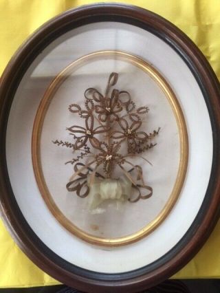 Antique Victorian Mourning Flowers W/white Bow,  Oval Shadow Box - Approx.  12x14