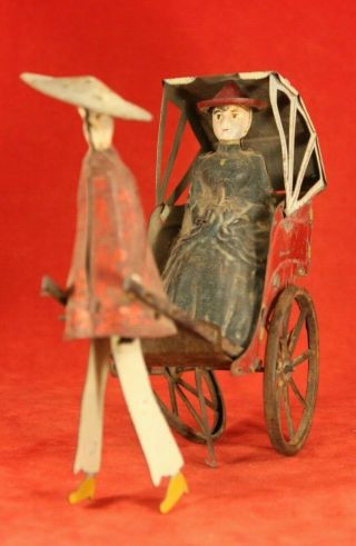 Antique German Lehmann Mikado Family Tin Pull Toy Asian Man W Cart & Rider