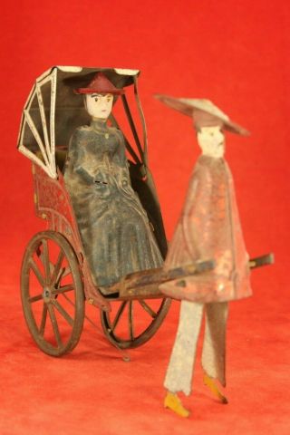 Antique German Lehmann MIKADO FAMILY Tin Pull Toy Asian Man w Cart & Rider 2