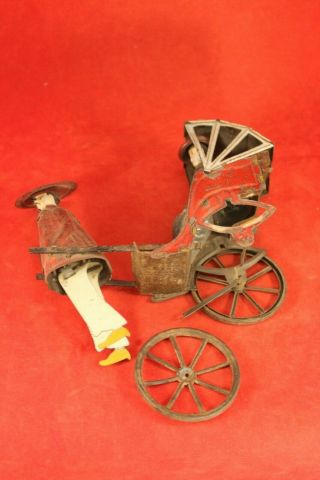 Antique German Lehmann MIKADO FAMILY Tin Pull Toy Asian Man w Cart & Rider 9