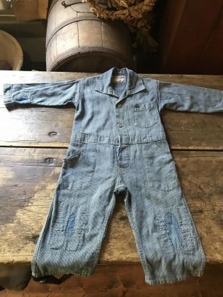Rare Old Vintage Blue Denim Child’s Workwear Playsuit Calico Patch Textile Aafa