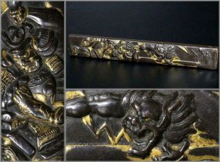 Bwo20 Japanese Antique Copper Kozuka Plate Oni (ogre) And Musha Pattern Sword